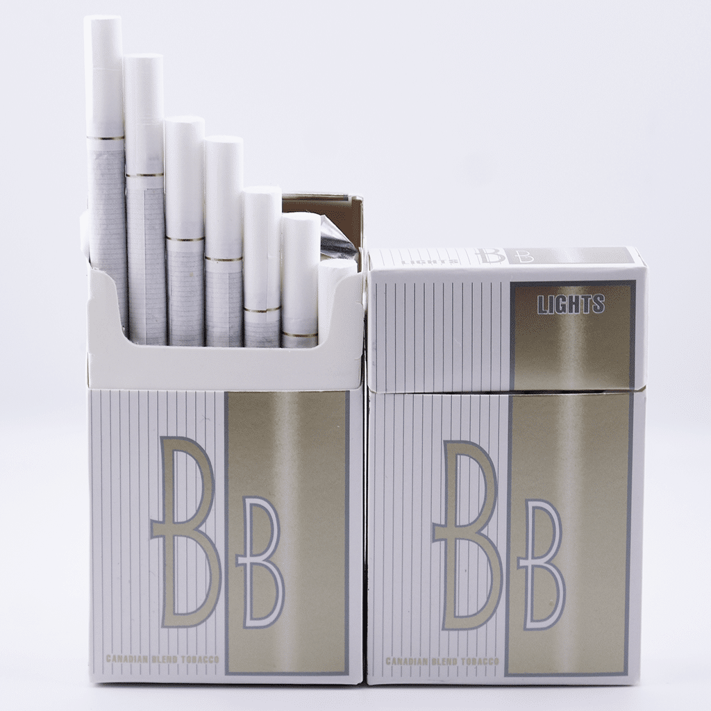 Two Packs of BB Light cigarettes, white background