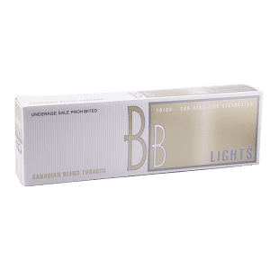 Full carton with 10 packs of BB Light cigarettes, white background