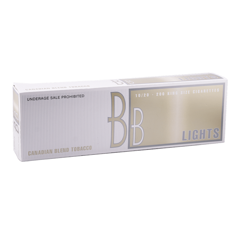 Full carton with 10 packs of BB Light cigarettes, white background