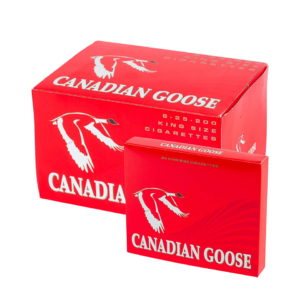 Two red Canadian Goose cigarette packs with a white goose logo, one box slightly open and resting against the other.