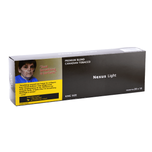 Full carton with 10 packs of Nexus Light cigarettes, white background