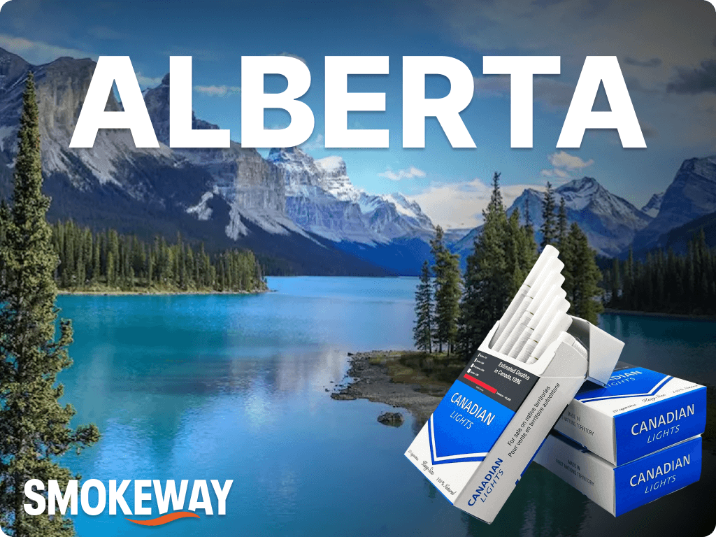 buy-cigarettes-in-alberta-canada-smokeway 1 – Smokeway Picture of Alberta wilderness with Smokeway logo on it and a pack of cigarettes customers can choose when they buy cigarettes in Alberta online