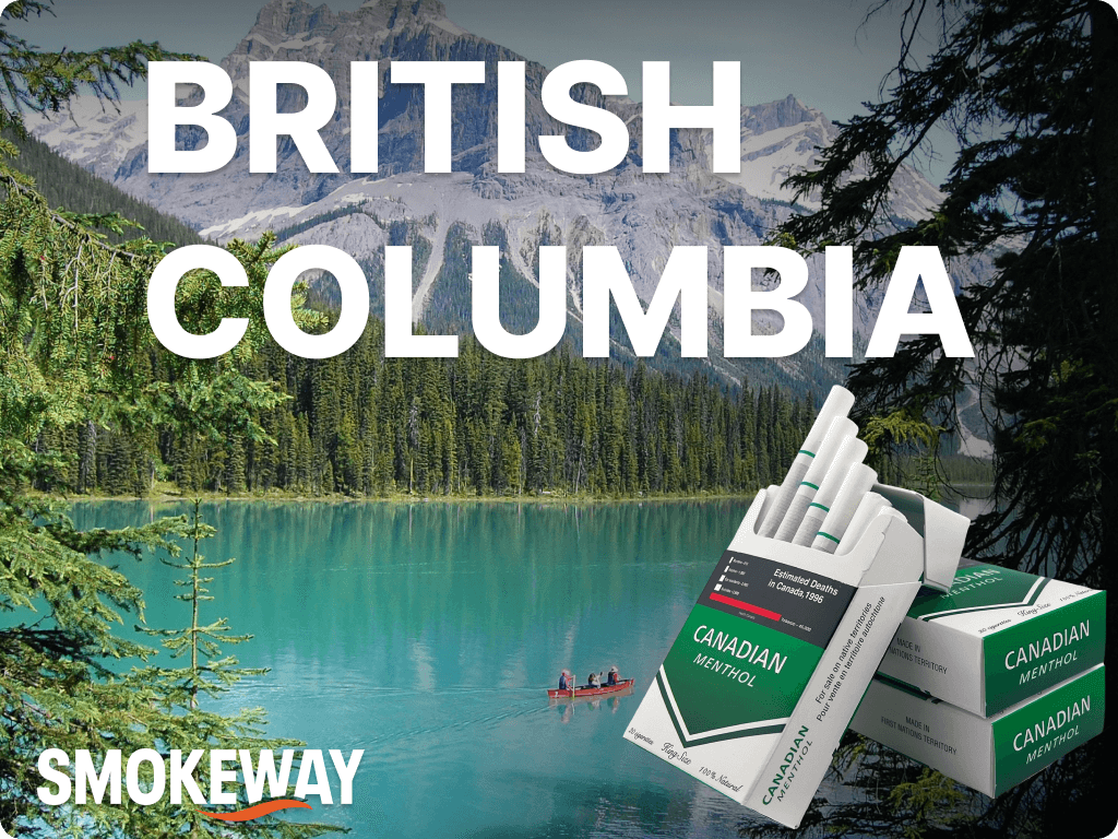 buy-cigarettes-in-british-columbia-bc-canada-smokeway 2 1 – Smokeway Picture of British Columbia wilderness with Smokeway logo on it and a pack of cigarettes customers can choose when they buy cigarettes in BC online