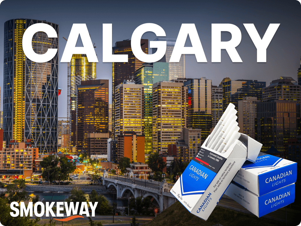 buy-cigarettes-in-calgary-alberta-canada-smokeway 2 1 – Smokeway Pack of canadian lights cigarettes in front of Calgary view at night