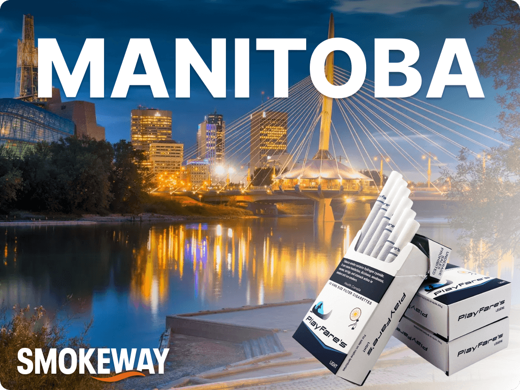 buy-cigarettes-in-manitoba-canada-smokeway 1 – Smokeway Picture of Manitoba wilderness with Smokeway logo on it and a pack of cigarettes customers can choose when they buy cigarettes in Manitoba online