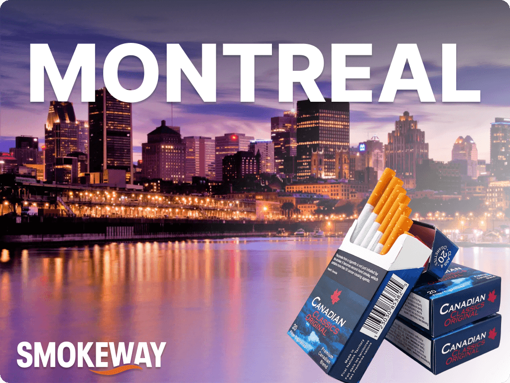 Pack of canadian classics original cigarettes in front of Montreal view at night