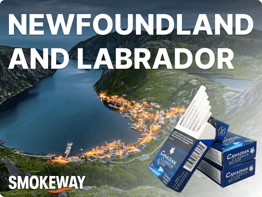 buy-cigarettes-in-newfoundland-and-labrador-nl-canada-smokeway – Smokeway Picture of Newfoundland and Labrador with Smokeway logo on it and a pack of cigarettes