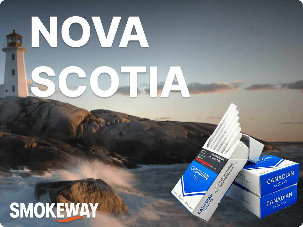 buy-cigarettes-in-nova-scotia-canada-smokeway 1 – Smokeway Picture of Nova Scotia wilderness with Smokeway logo on it and a pack of cigarettes customers can choose when they buy cigarettes in Nova Scotia online