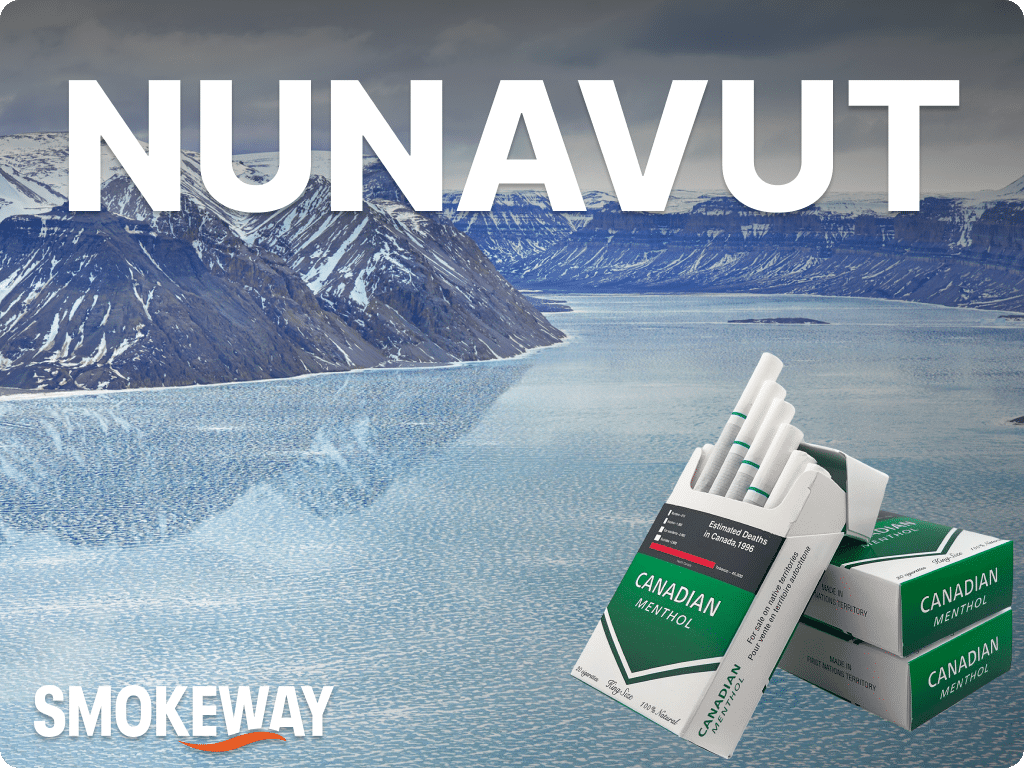buy-cigarettes-in-nunavut-canada-smokeway – Smokeway Picture of Nunavut mountains and snowy shore wilderness with Smokeway logo on it and a pack of cigarettes