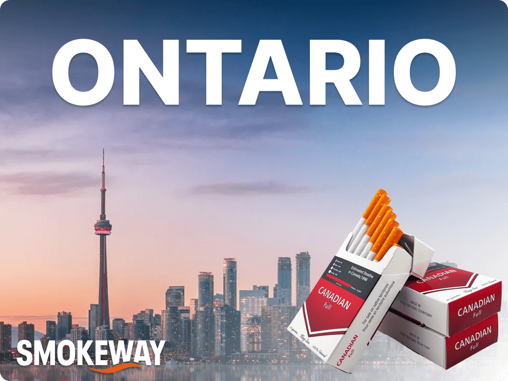 buy-cigarettes-in-ontario-canada-smokeway 1 – Smokeway Picture of Toronto skyline with Smokeway logo on it and a pack of cigarettes customers can choose when they buy cigarettes in Ontario online