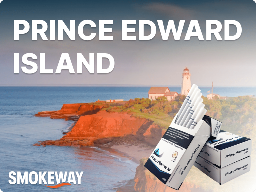 buy-cigarettes-in-prince-edward-island-pei-canada-smokeway – Smokeway Picturesque PEI shore with Smokeway logo on it and a pack of Playfares cigarettes