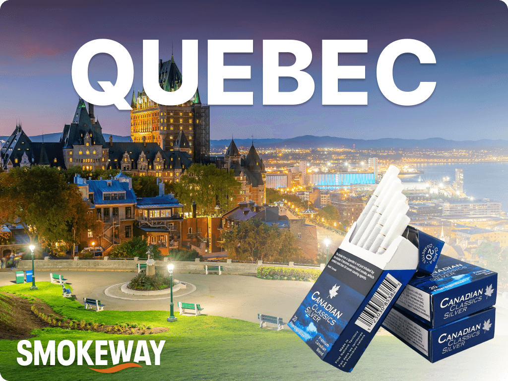 buy-cigarettes-in-quebec-canada-smokeway-1 – Smokeway Picture of Quebec night lights with Smokeway logo on it and a pack of cigarettes customers can choose when they buy cigarettes in Quebec