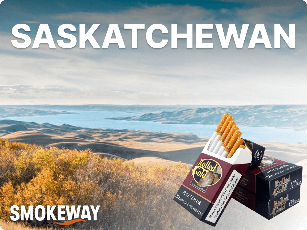 Picture of Saskatchewan wilderness with Smokeway logo on it and a pack of cigarettes customers can choose when they buy cigarettes in Saskatchewan online