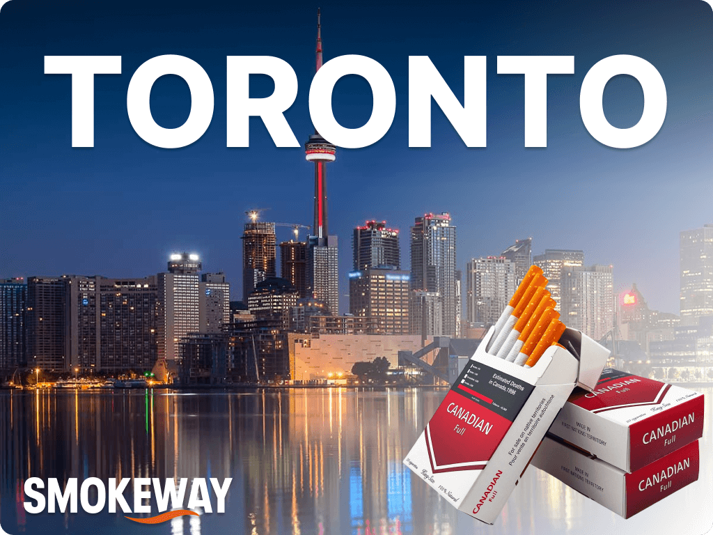 buy-cigarettes-in-toronto-ontario-canada-smokeway 1 – Smokeway Pack of canadian full flavor cigarettes in front of Toronto view at night