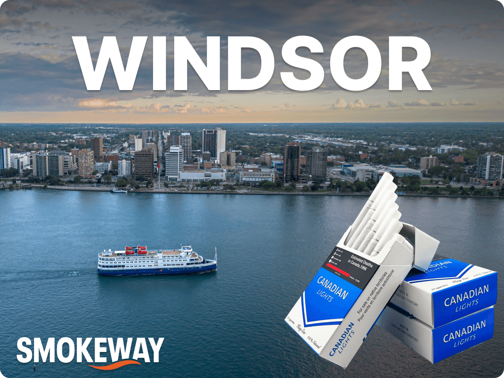 Canadian Lights packs with Windsor skyline and the Detroit River at dusk