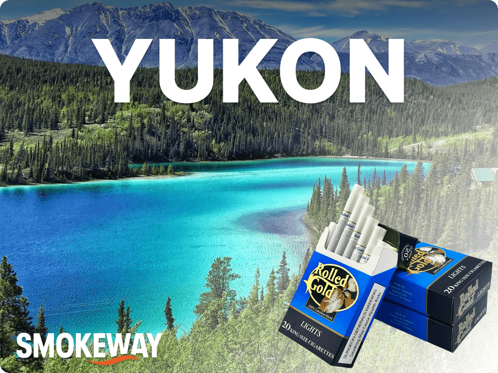 buy-cigarettes-in-yukon-canada-smokeway 1 – Smokeway Picture of Yukon wilderness with Smokeway logo on it and a pack of cigarettes customers can choose when they buy cigarettes in Yukon online