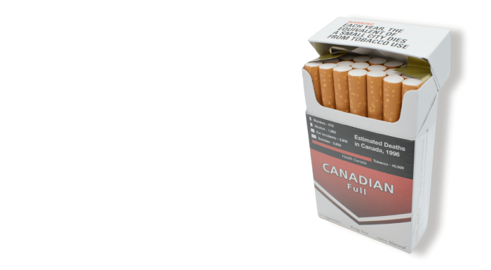 Open pack of Canadian Full cigarettes on neutral white background