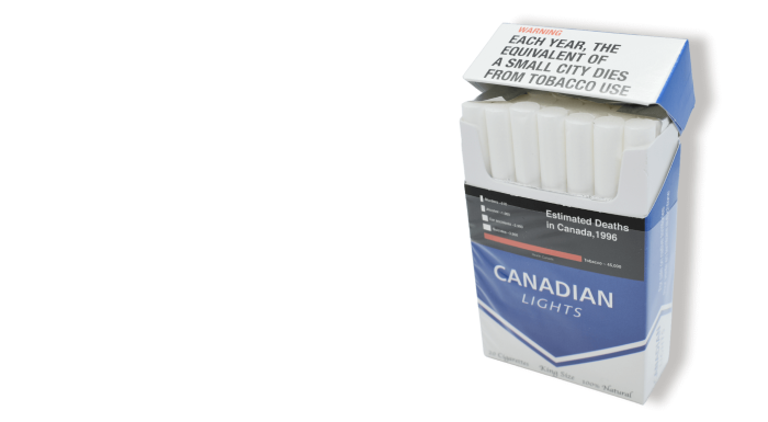 Open pack of Canadian Lights cigarettes on neutral white background