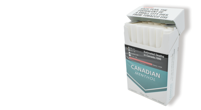Open pack of Canadian Menthol cigarettes on neutral white background