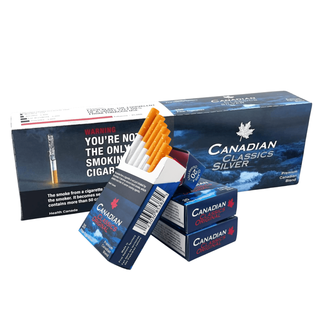 canada-discount-smokeway-1 1 – Smokeway Pack of Canadian Classics Originals in front of a carton of Canadian Classics Silver