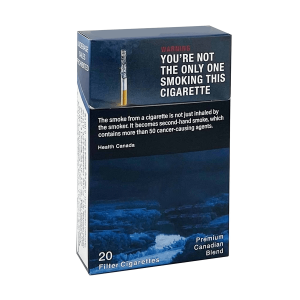 Blue cigarette pack featuring a large warning: 'YOU'RE NOT THE ONLY ONE SMOKING THIS CIGARETTE' with Health Canada text below.