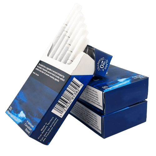 Open pack of Canadian Classics Silver cigarettes on top of 2 more packs of the same brand