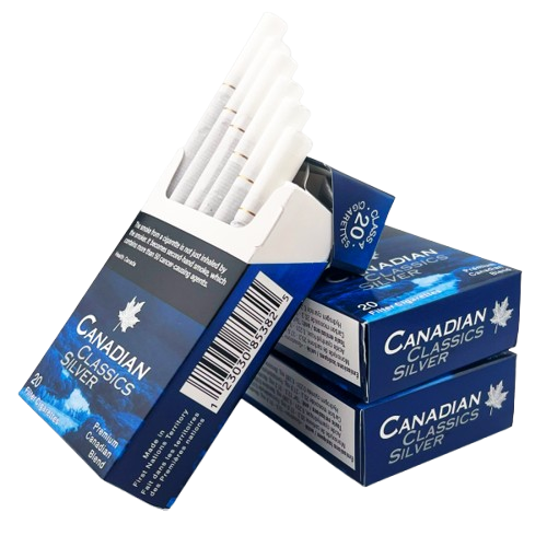 canadian-classics-silver-cigarettes-smokeway-oftw - Smokeway Open pack of Canadian Classics Silver cigarettes on top of 2 more packs of the same brand