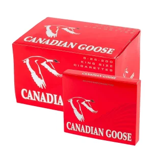 Full carton of Canadian Goose Full cigarettes with one pack in front, red packaging with a white goose logo, 25 king size cigarettes per pack