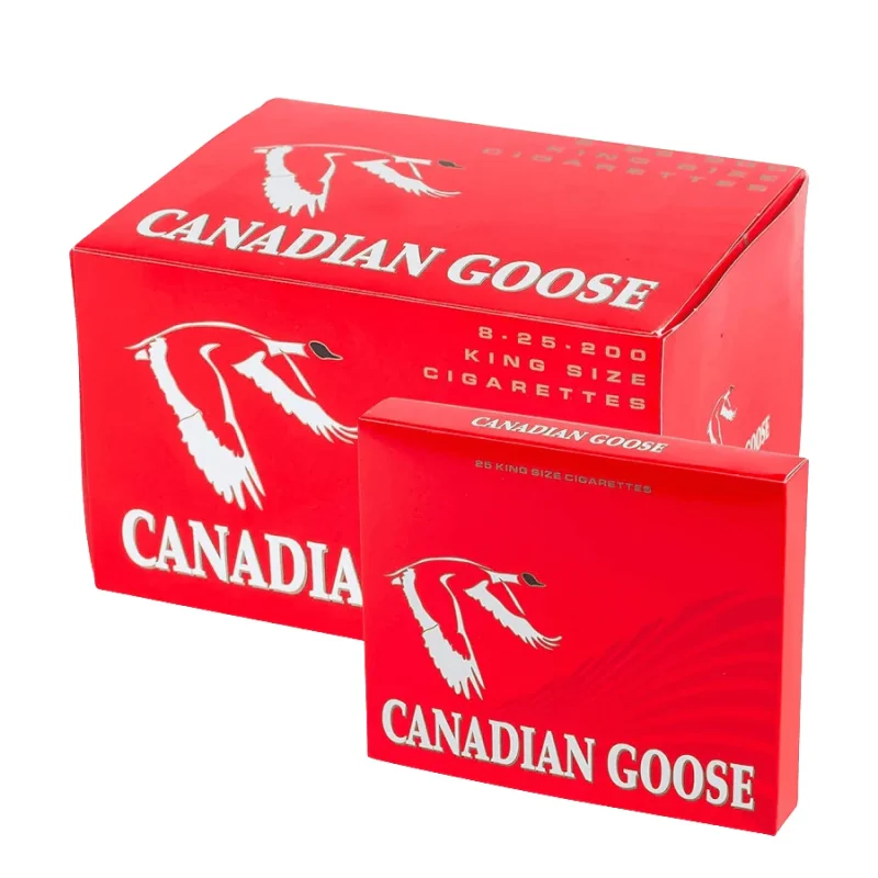 Full carton of Canadian Goose Full cigarettes with one pack in front, red packaging with a white goose logo, 25 king size cigarettes per pack