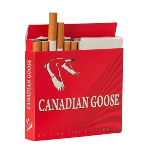 Open red Canadian Goose cigarette pack with several cigarettes exposed, branding visible on the front.