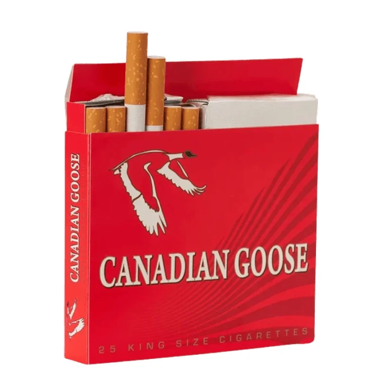 Open red Canadian Goose cigarette pack with several cigarettes exposed, branding visible on the front.