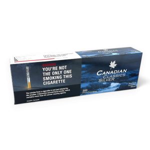 Full carton with 10 packs of Canadian Classics Silver cigarettes, white background