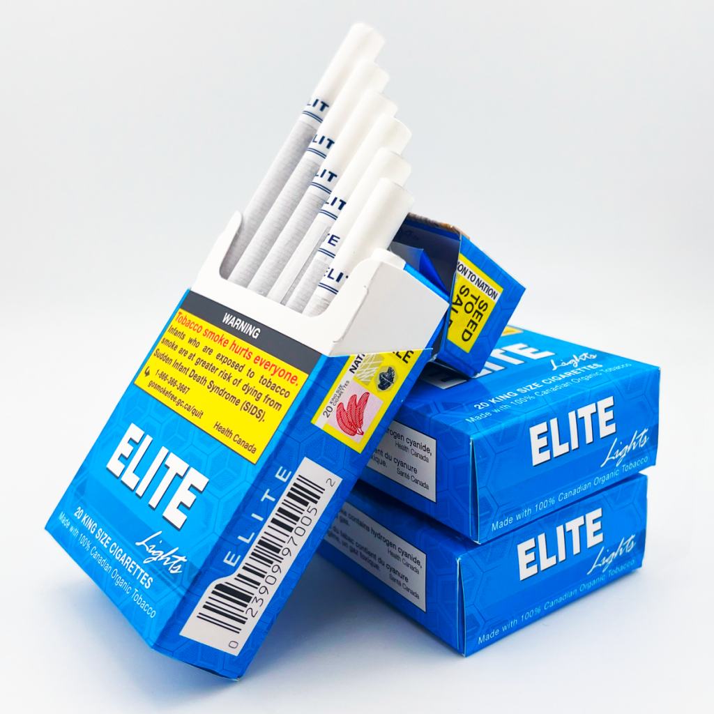 elite-lights-cigarettes-online - Smokeway Open pack of Elite Lights cigarettes on top of 2 more packs of the same brand