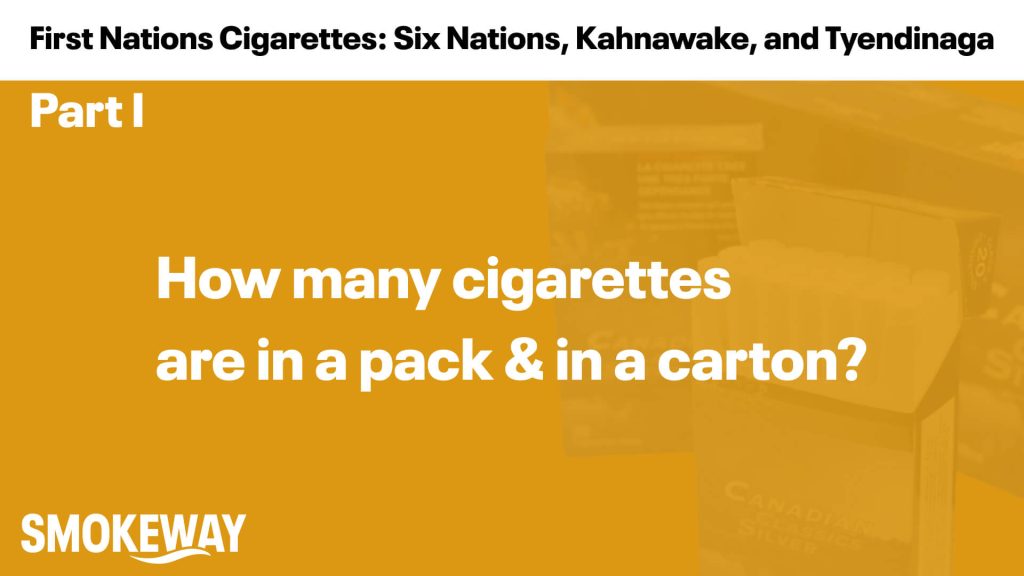 Cover image for an article: 'First Nations Cigarettes: Six Nations, Kahnawake, and Tyendinaga' with an orange overlay and large white text reading 'How many cigarettes are in a pack & in a carton?' and the SMOKEWAY logo nearby.