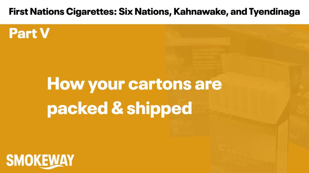 Banner header: Part V with the title 'How your cartons are packed & shipped' over an orange overlay, SmokeWay logo visible bottom left.