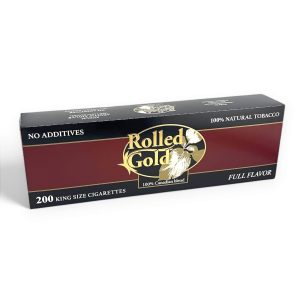 Full carton with 10 packs of Rolled Gold Full Flavor cigarettes, white background