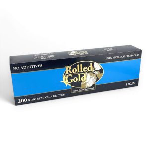 Full carton with 10 packs of Rolled Gold Light cigarettes, white background