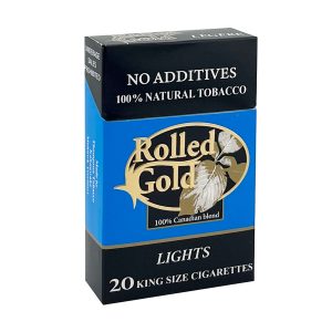 Pack of Rolled Gold Light cigarettes, white background